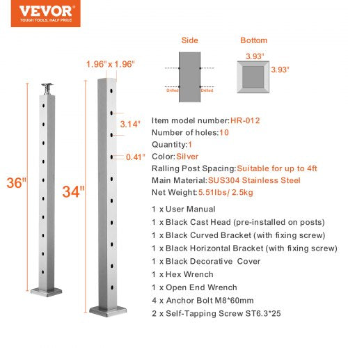 VEVOR Cable Railing Post, 36" x 2" x 2" Steel