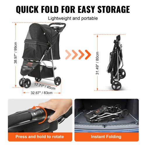 VEVOR Pet Stroller, 3 Wheels Dog Stroller Rotate with