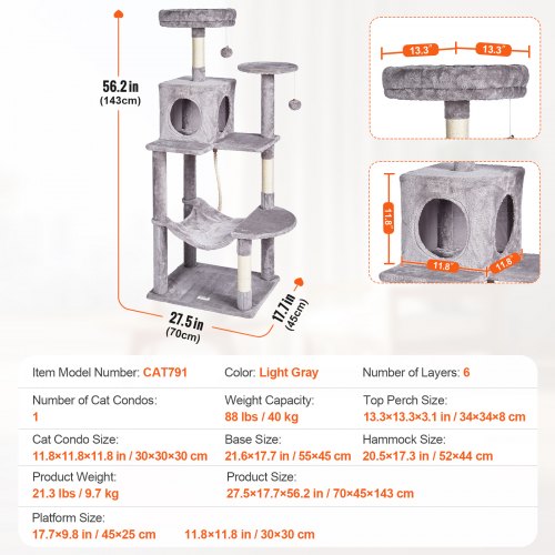 VEVOR Cat Tree 56.2" Cat Tower with Cat Condo Sisal