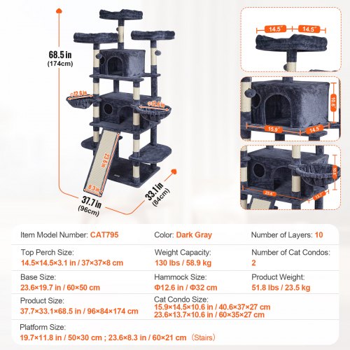 VEVOR Cat Tree 68.5" Cat Tower for Indoor Cats with