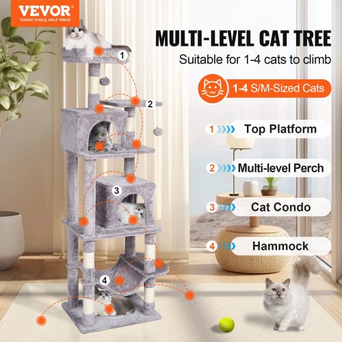 VEVOR Cat Tree 63" Cat Tower with 2 Cat Condos Sisal