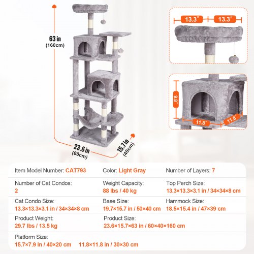 VEVOR Cat Tree 63" Cat Tower with 2 Cat Condos Sisal