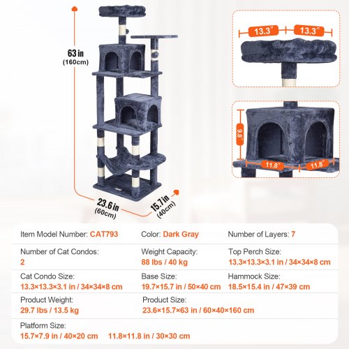 VEVOR Cat Tree 63" Cat Tower with 2 Cat Condos Sisal