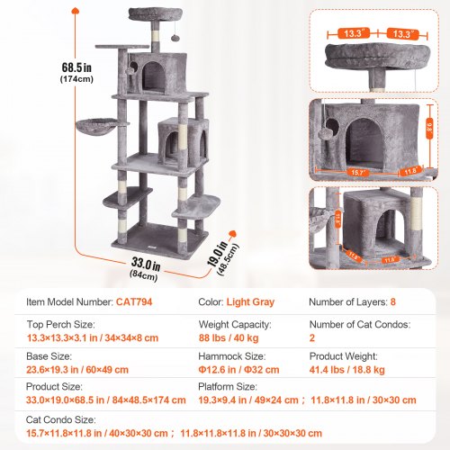 VEVOR Cat Tree 68.5" Cat Tower with Cat Condos Sisal