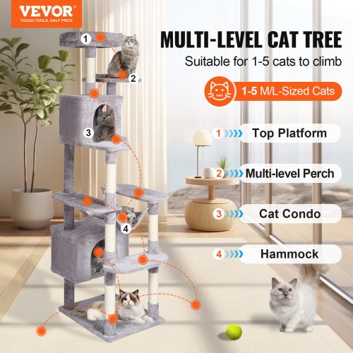 VEVOR Cat Tree 72" Cat Tower with 2 Cat Condos Sisal