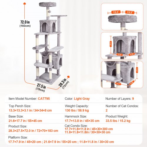 VEVOR Cat Tree 72" Cat Tower with 2 Cat Condos Sisal