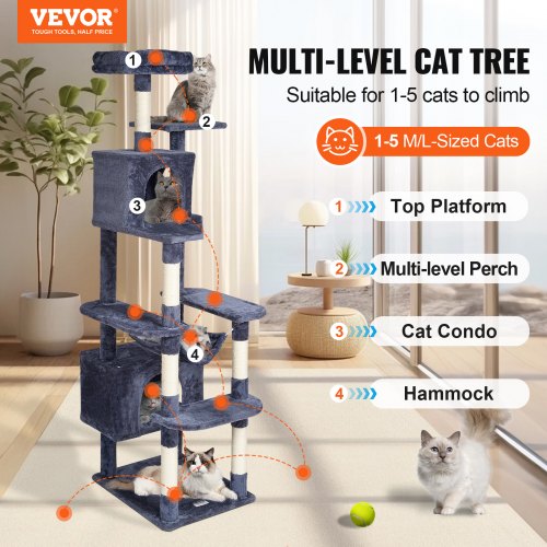 VEVOR Cat Tree 72" Cat Tower with 2 Cat Condos Sisal