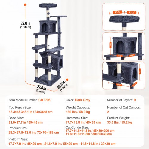 VEVOR Cat Tree 72" Cat Tower with 2 Cat Condos Sisal