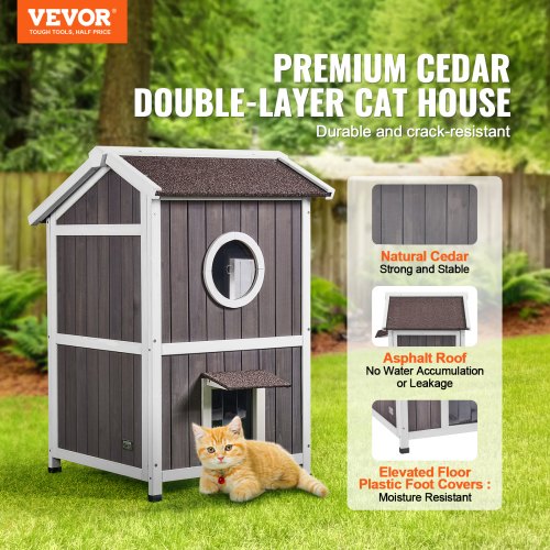 VEVOR Outdoor Cat House 2-story Wooden Feral Cat