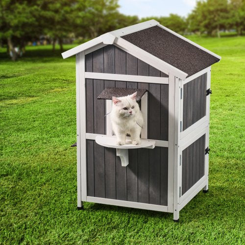 VEVOR Outdoor Cat House 2-story Wooden Feral Cat