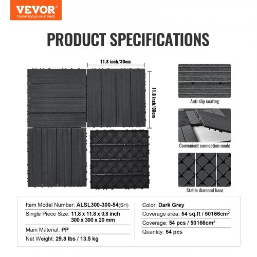 VEVOR Interlocking Deck Tiles 54 Pack 12"x12" Plastic