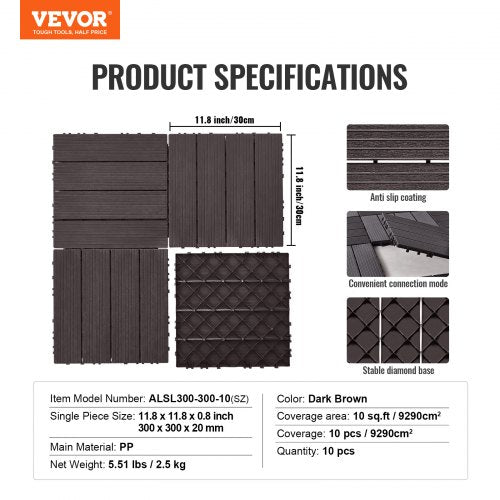 VEVOR Interlocking Deck Tiles 10 Pack 12"x12