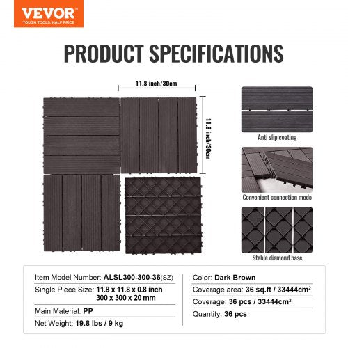 VEVOR Interlocking Deck Tiles 36 Pack 12"x12