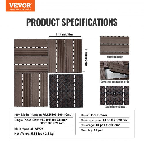 VEVOR Interlocking Deck Tiles Plastic Wood 10 Pack