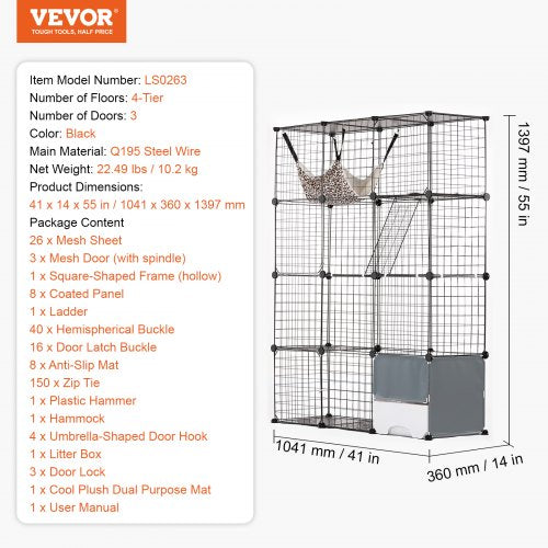 Large 4-tier Cat Cage 41 x 14 x 55" Metal Wire Cat