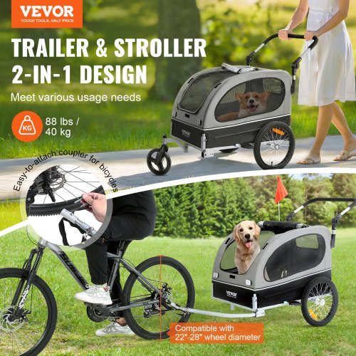 VEVOR Dog Bike Trailer, Supports up to 88 lbs, 2-in-1