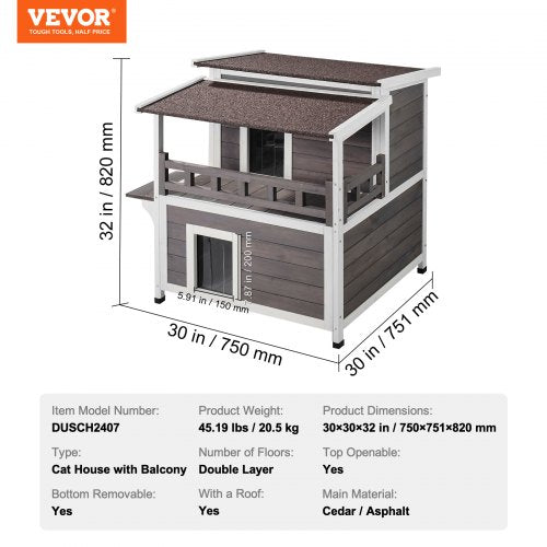 VEVOR Outdoor Cat House 2-story Wooden Feral Cat