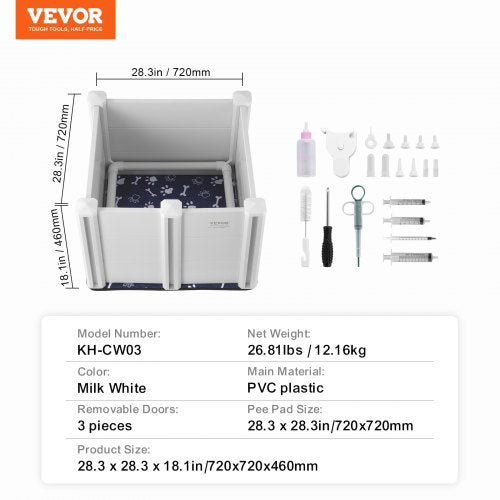 VEVOR Dog Whelping Box 28.3x28.3x18.1in PVC with Rails